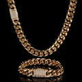 Set collana e bracciale a catena cubana dorata 12mm con chiusura con strass - Collana 20 Pollici (Lunghezza 50,80 cm) / Oro (Larghezza 12mm)