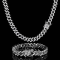 Detail of 9mm iced out silver Cuban link chain with sparkling white zircons - Necklace Set (24 inch) / Platinum