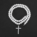 Collana di perle a doppio strato con ciondolo a croce di diamanti scintillanti per uomo e donna - 18 Pollici (45.72cm) / Bianco (6mm)