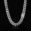 Detailed view of silver 15mm Cuban link necklace with iced out baguette zircon stones - Necklace 24 Inch (Length 60.96cm) / White Gold