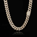 Macro shot of 15mm 18K gold Cuban link necklace with iced out baguette zircon stones - Necklace 24 Inch (Length 60.96cm) / Gold