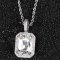 Herren Hip Hop Silberkette mit rechteckigem klarem Edelstein Iced Out Anhänger - 24 Zoll*3mm Seilkette / Weißgold mit weißem Stein