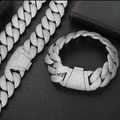 Close-up of hip-hop iced-out 24mm Cuban link necklace and bracelet set with cubic zirconia - Bracelet 9 Inch (22.86cm) / Platinum