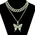 Silbernes Iced Out Cuban Link Kettenset mit großem Schmetterlingsanhänger für Hip Hop - Silber (Weiße Strass)
