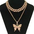 Hip-Hop Halsketten-Set vergoldet mit pinkem Schmetterlingsanhänger und Panzerkette - Gold (Rosa Strass)