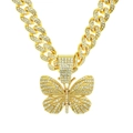 Hip-hop iced out butterfly pendant with gold cuban link chain and white rhinestones - Gold (Butterfly) (Model 5525) / 50cm