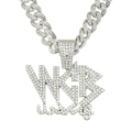 Chaîne cubaine argentée avec pendentif lettre WGR WORLD serti de strass hip-hop - Set de colliers / Argent