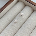 Pendientes de gato de plata de ley S999 presentados en una caja de joyas de lino beige - Pendientes de botón / Plateado