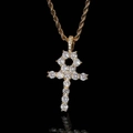 Pendente croce Ankh hip hop placcato oro con zirconi tondi su catena a corda oro - Stile 12 Oro