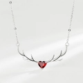 S925 sterling silver deer antler necklace featuring a heart-shaped red zircon pendant - Red Zirconia