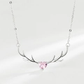 S925 Sterling Silver Reindeer Necklace with Heart-Shaped Pink Zircon Pendant - Pink Zirconia