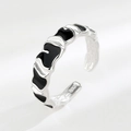 Minimalist S925 sterling silver open ring with black enamel wave pattern and glossy finish - White Gold