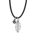 Silver feather pendant necklace with black gemstone on a leather braided cord - 925 Silver / Men's Set Necklace