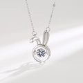 Elegant S925 sterling silver rabbit necklace with dancing zircon stone on white background - White Gold