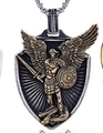 Vintage Saint Michael Archangel shield pendant necklace in antique silver and gold finish - Saint Michael Dragon Slayer Shield Two-Tone Style with Chain (A0406) / Pendant with Chain / Blackened Two-Tone Gold