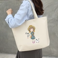 Large beige canvas tote bag with Happy Girl and cat print, perfect for students and daily use - White Happy Girl