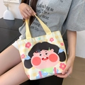 Checkered canvas tote bag with cute cartoon girl print and yellow woven handles - Chubby Girl