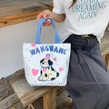 White canvas tote bag with cartoon puppy print and blue fabric handles for daily use - Cute Doggy