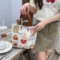 Cute cartoon canvas tote bag with brown straps and cat patterns for daily commute - Cute Afternoon Tea