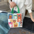 Cute off-white canvas tote bag with green handles and cartoon bear illustrations - Cute Bear Tale