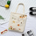 Japanese style beige canvas tote bag with autumn harvest prints of persimmons and hedgehog - Autumn Leaves - Beige