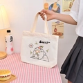 Cute cream canvas handbag featuring a cartoon sheep print with comfortable double handles - Happy Sheep / Happy Sheep - Beige