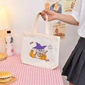 White canvas tote bag featuring cute Halloween rabbit print with witch hat and pumpkin - Halloween Rabbit - Beige