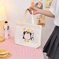 White canvas tote bag with cute cartoon penguin and duck print for daily use - Little Penguin - Beige