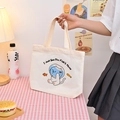 White canvas tote bag with cute cartoon cat print and I Just See The Fish's Home text - Fishbowl Cat - Beige