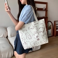 Large capacity canvas tote bag with cute cartoon cat pattern for minimalist school style - White Mi Mi Cat