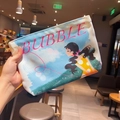 Canvas makeup pouch featuring cute cartoon girl print with pink BUBBLE text and zipper closure - Bubble Girl