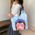Blue plaid canvas tote bag with a cute cartoon girl illustration and light blue handles - Love Girl