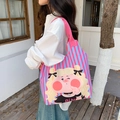 Pink and blue striped canvas tote bag with cute cartoon girl illustration for women - Piggy Girl