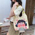 Yellow checkered canvas bag with cute cartoon girl print and green strap handles - Chubby Girl