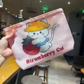 Pink canvas cosmetic bag with strawberry cat print and smooth zipper closure - Strawberry Cat