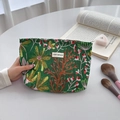 Floral canvas makeup bag with green botanical print and elegant yellow flowers - L / Green Forest