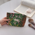 Dark green canvas makeup bag with pink floral patterns and a zipper closure - M / Green Forest