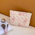 Quilted floral makeup bag with pink cartoon girl print and stylish metal zipper puller - Pink Sweet Dancing Cat