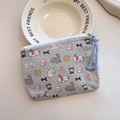 Light blue cotton mini pouch with cute cartoon cat and dog prints and zipper closure - Cute Pet Afternoon Tea