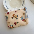 Mini beige canvas coin purse with vintage cartoon print and light blue zipper pull - Flowers and Childhood Dreams