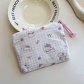 Mini cotton coin purse with cute puppy print on blue grid pattern and pink handle - Soft Plaid Cream Puppy