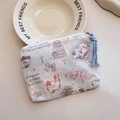 Cream canvas mini coin purse featuring cute cat illustrations and a blue rope zipper pull - Sweet Dream Little Kitty