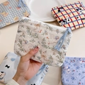 Cute cartoon canvas coin purse with dog and duck prints and blue braided zipper puller - Green Leaf White Goose
