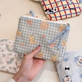 Cute cartoon mini canvas coin purse with checkered bear pattern and zipper closure - Light Blue Plaid Bear