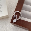 S925 Sterling silver garnet flower beaded ring with a Fu character square tag charm - Adjustable Open / Flower Garnet Style with Blessing Pendant (D451)