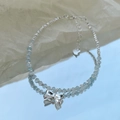 S925 sterling zilveren armband met strik, lichtblauwe aquamarijn kralen en hart hanger - Strik Kralen Stijl (F309) / 925 zilver / Zilver