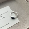Minimalist S925 sterling silver ring with square black onyx on hollow chain band - Adjustable Open / Silver