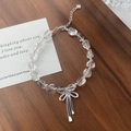S925 Silber-Schleifenarmband mit Bergkristall-Steinperlen und Herzanhänger für Damen - Weiß Kristall