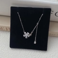S925 sterling silver necklace with butterfly flower pendant and diamond tassel on black card - 925 Silver / Silver