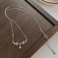 S925 sterling silver wheat leaf necklace with teardrop zircon on rustic wood tray - 990 Silver / Silver